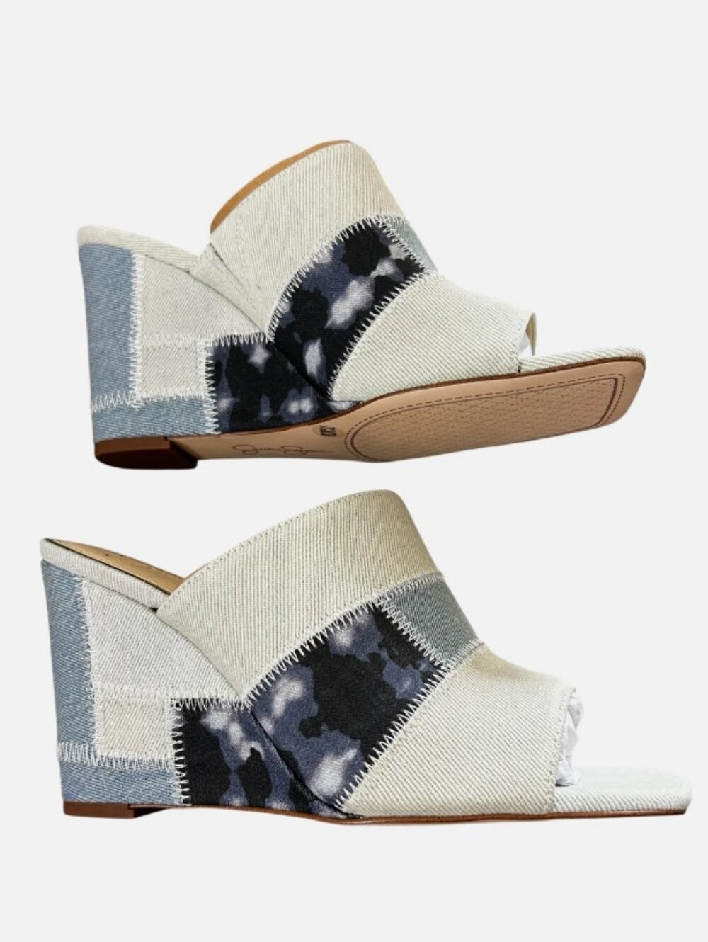Jessica Simpson Patchwork Open-Toe Wedge Sandals in Cream and Blue Size 9W